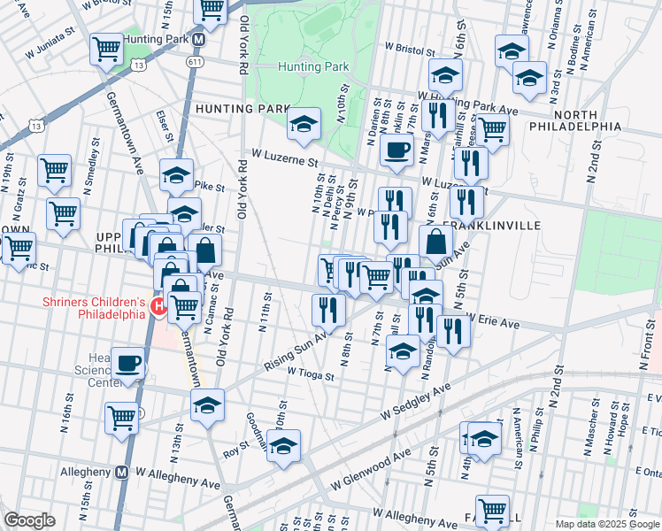 map of restaurants, bars, coffee shops, grocery stores, and more near 3737 North Percy Street in Philadelphia