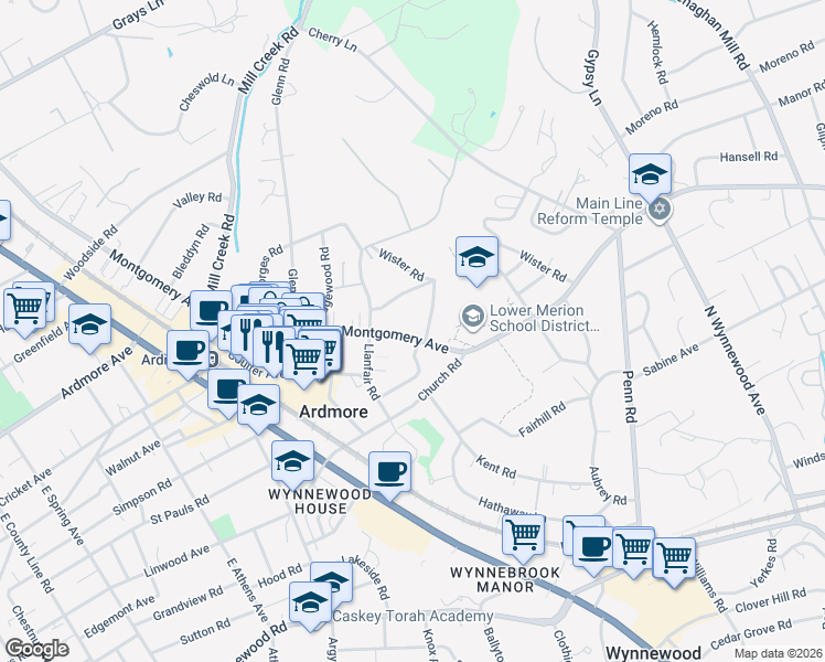 map of restaurants, bars, coffee shops, grocery stores, and more near 108 School House Lane in Ardmore
