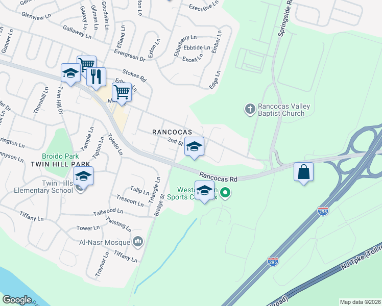map of restaurants, bars, coffee shops, grocery stores, and more near 206 2nd Street in Westampton
