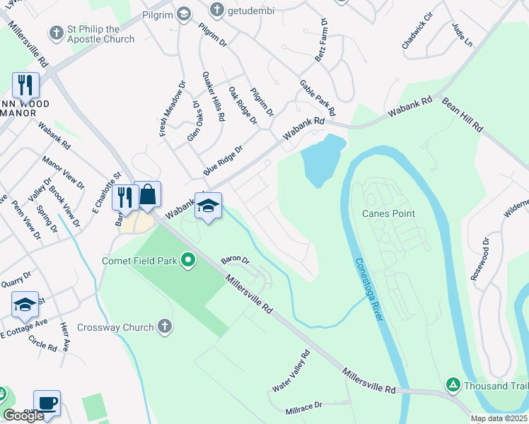 map of restaurants, bars, coffee shops, grocery stores, and more near 101 Goldenfield Drive in Lancaster