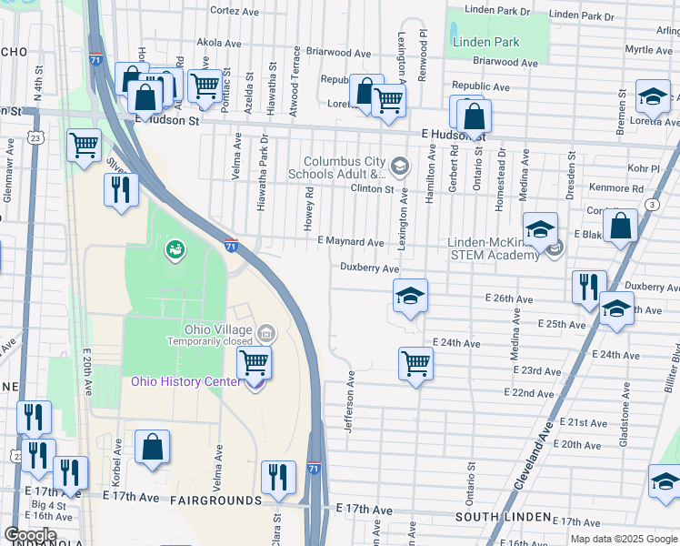 map of restaurants, bars, coffee shops, grocery stores, and more near 982 Duxberry Avenue in Columbus