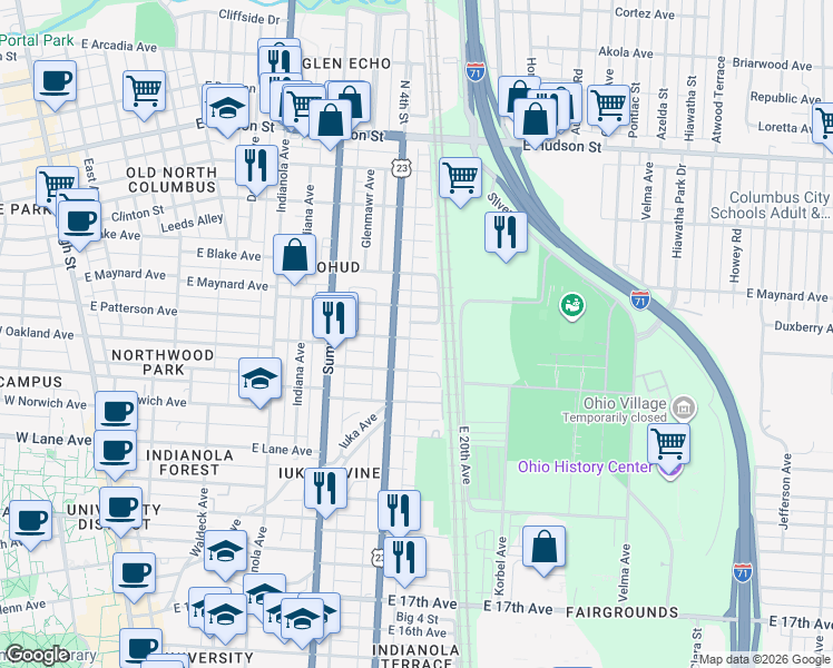 map of restaurants, bars, coffee shops, grocery stores, and more near 490 East Oakland Avenue in Columbus