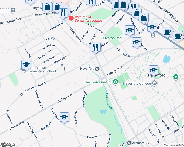 map of restaurants, bars, coffee shops, grocery stores, and more near 7 Spring Mill Lane in Haverford