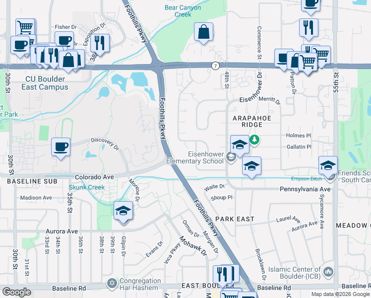 map of restaurants, bars, coffee shops, grocery stores, and more near 1279 Harrison Court in Boulder