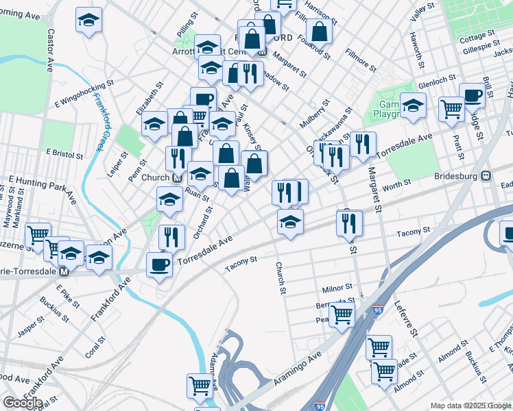 map of restaurants, bars, coffee shops, grocery stores, and more near 1921 Church Street in Philadelphia