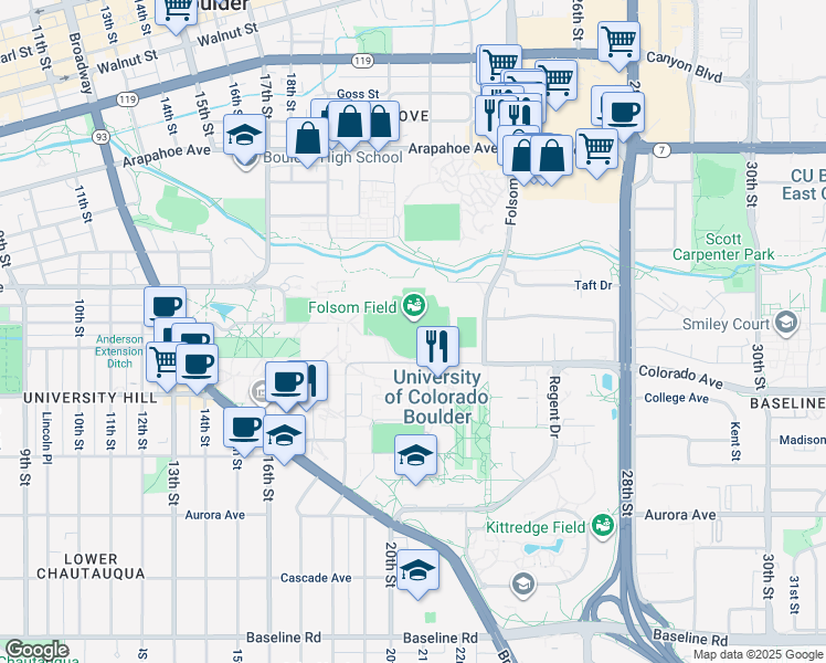 map of restaurants, bars, coffee shops, grocery stores, and more near 2400 Colorado Avenue in Boulder