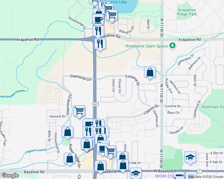 map of restaurants, bars, coffee shops, grocery stores, and more near 964 Vetch Circle in Lafayette