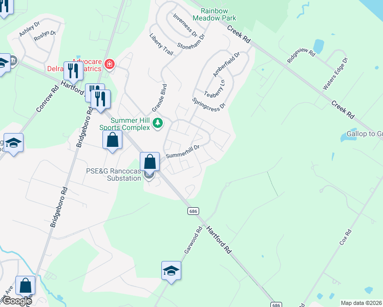 map of restaurants, bars, coffee shops, grocery stores, and more near 1 Weatherly Road in Delran
