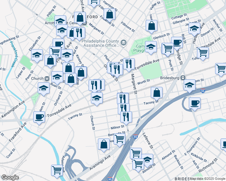 map of restaurants, bars, coffee shops, grocery stores, and more near 4562 Worth Street in Philadelphia