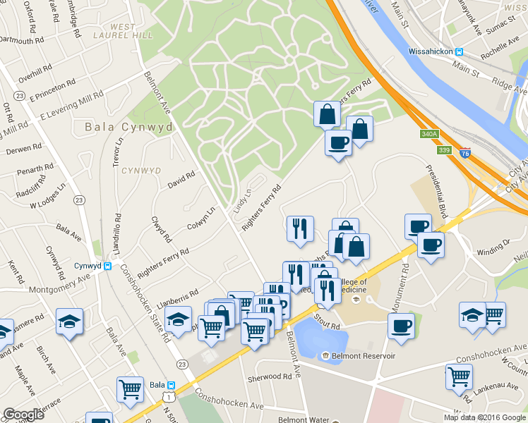 map of restaurants, bars, coffee shops, grocery stores, and more near 247 Righters Ferry Road in Bala Cynwyd