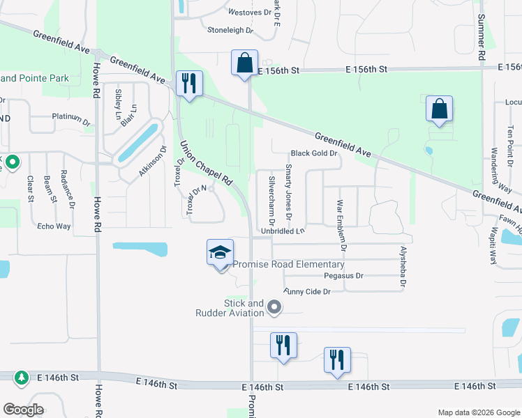 map of restaurants, bars, coffee shops, grocery stores, and more near 15174 Unbridled Lane in Noblesville