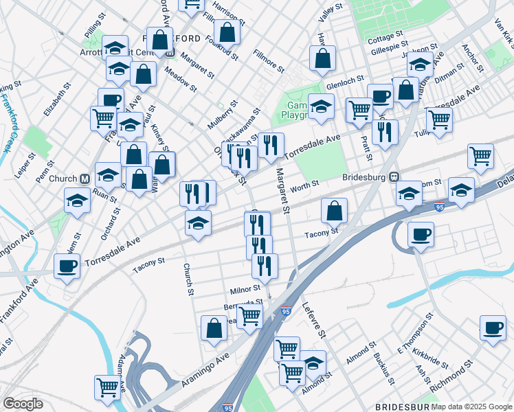map of restaurants, bars, coffee shops, grocery stores, and more near 2127 Orthodox Street in Philadelphia
