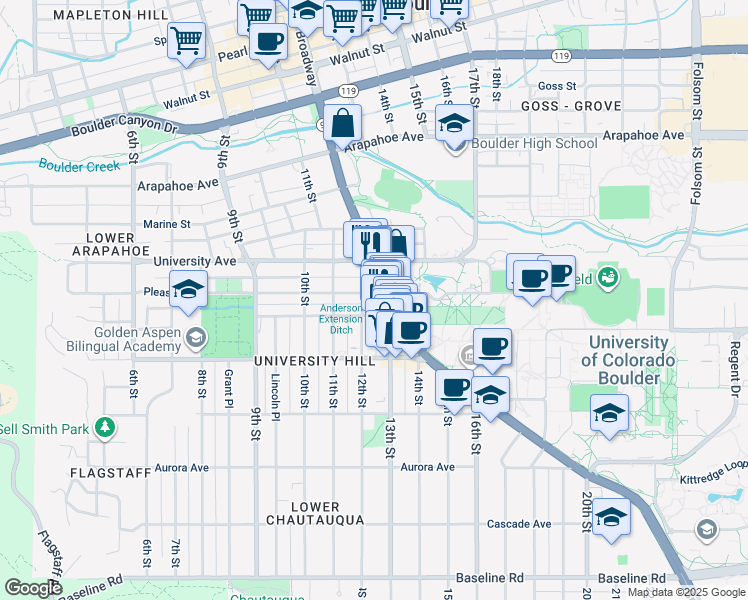 map of restaurants, bars, coffee shops, grocery stores, and more near 1155 Pleasant Street in Boulder