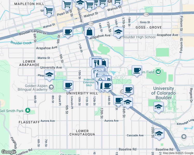 map of restaurants, bars, coffee shops, grocery stores, and more near 1155 Pleasant Street in Boulder