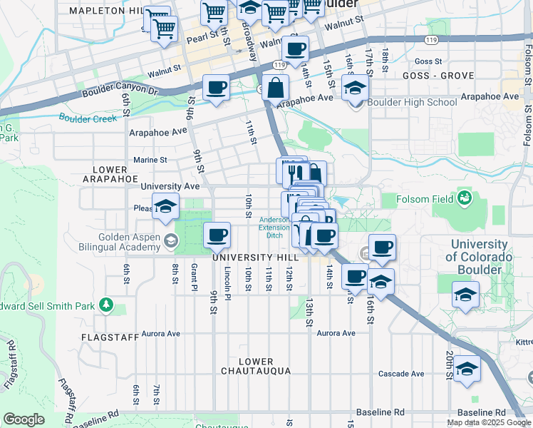 map of restaurants, bars, coffee shops, grocery stores, and more near 1043 Pleasant Street in Boulder