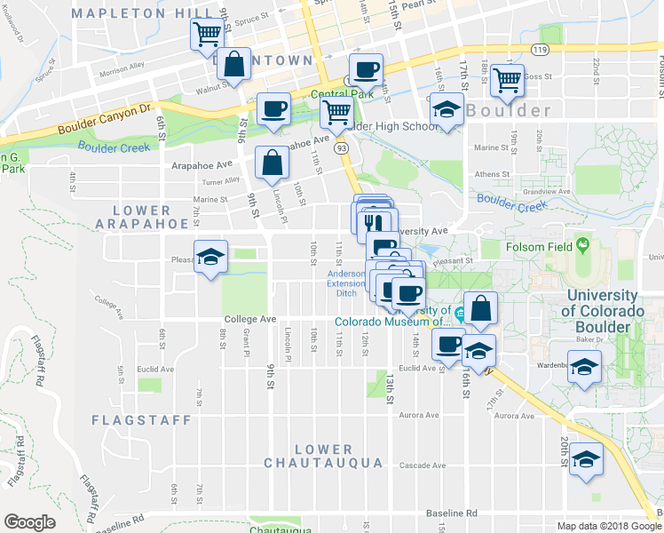 map of restaurants, bars, coffee shops, grocery stores, and more near 1043 Pleasant Street in Boulder