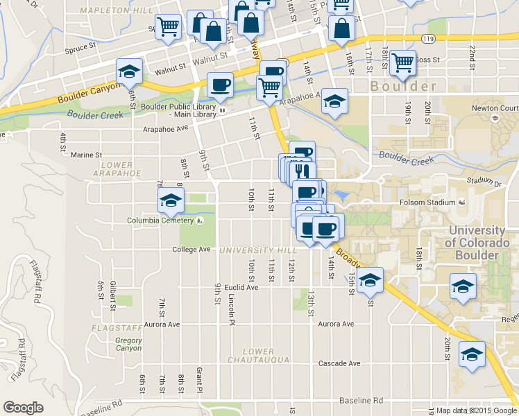 map of restaurants, bars, coffee shops, grocery stores, and more near 1043 Pleasant Street in Boulder