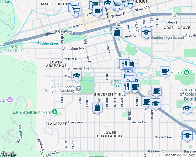 map of restaurants, bars, coffee shops, grocery stores, and more near in Boulder