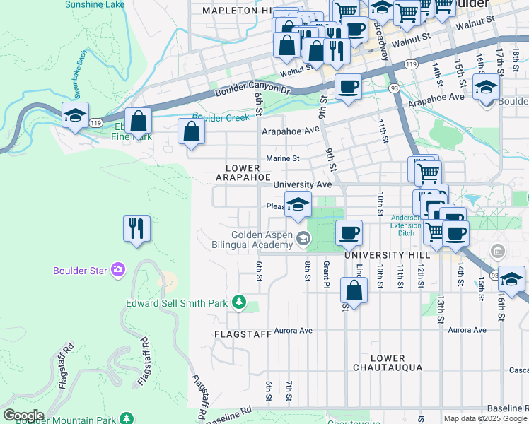 map of restaurants, bars, coffee shops, grocery stores, and more near 625 Pleasant Street in Boulder