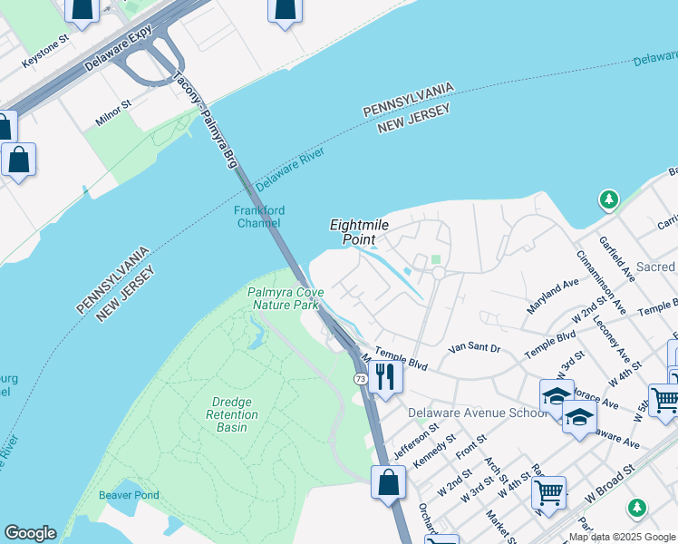 map of restaurants, bars, coffee shops, grocery stores, and more near 6609 Riverfront Drive in Palmyra