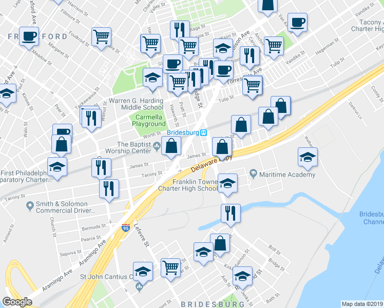 map of restaurants, bars, coffee shops, grocery stores, and more near 2237 Pratt Street in Philadelphia
