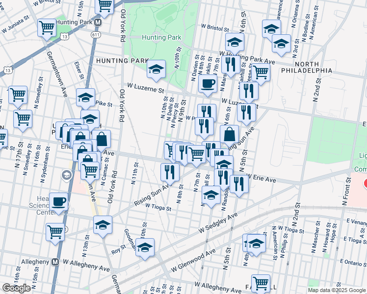 map of restaurants, bars, coffee shops, grocery stores, and more near 3757 North 9th Street in Philadelphia