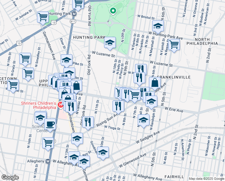 map of restaurants, bars, coffee shops, grocery stores, and more near 3747 North 10th Street in Philadelphia