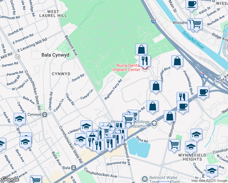 map of restaurants, bars, coffee shops, grocery stores, and more near 247 Righters Ferry Road in Bala Cynwyd