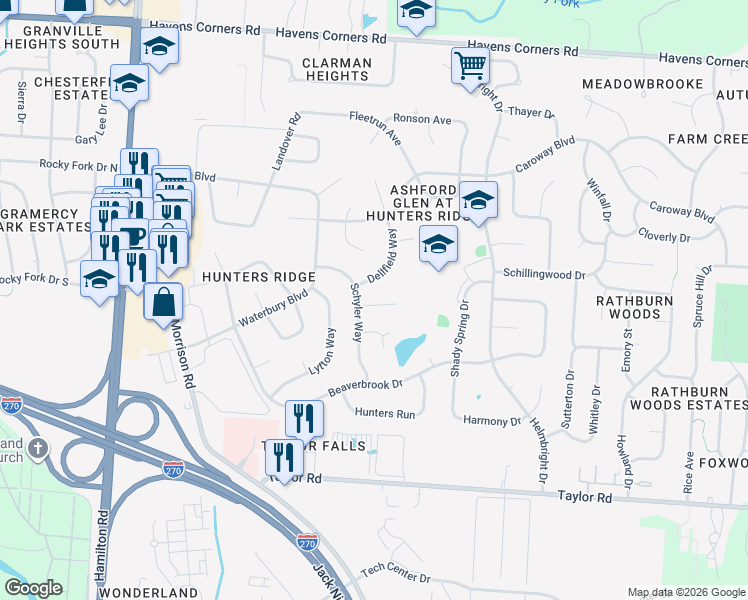 map of restaurants, bars, coffee shops, grocery stores, and more near 334 Dellfield Way in Columbus