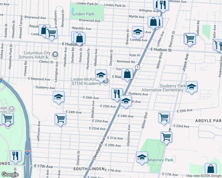 map of restaurants, bars, coffee shops, grocery stores, and more near 2112 Dresden Street in Columbus