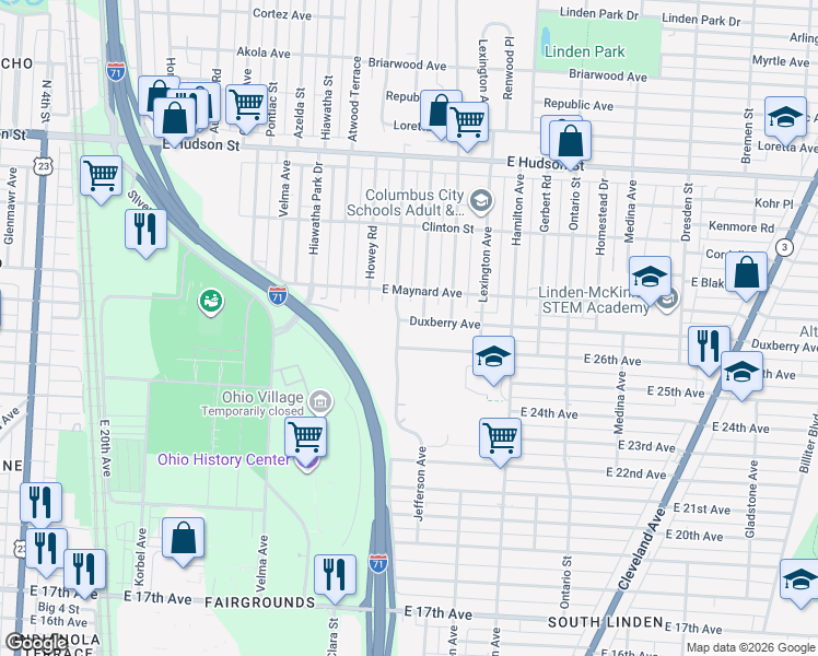 map of restaurants, bars, coffee shops, grocery stores, and more near 982 Duxberry Avenue in Columbus