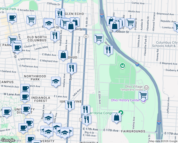 map of restaurants, bars, coffee shops, grocery stores, and more near 490 East Oakland Avenue in Columbus