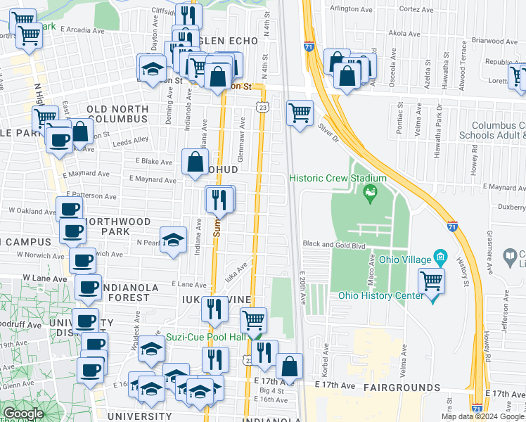 map of restaurants, bars, coffee shops, grocery stores, and more near 2250 North 4th Street in Columbus