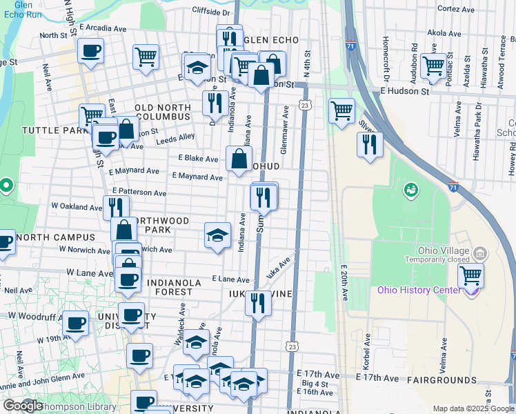 map of restaurants, bars, coffee shops, grocery stores, and more near 2253 Summit Street in Columbus