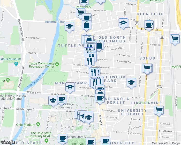 map of restaurants, bars, coffee shops, grocery stores, and more near 2316 North High Street in Columbus