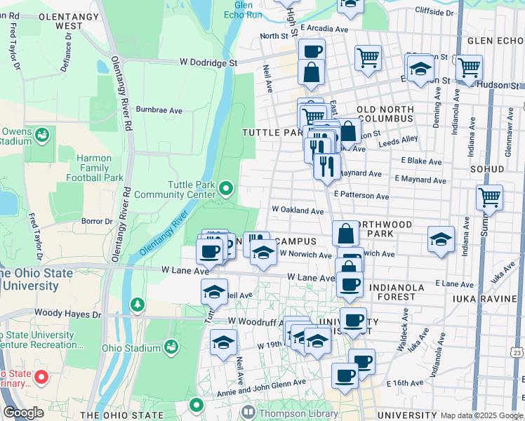 map of restaurants, bars, coffee shops, grocery stores, and more near 164 West Oakland Avenue in Columbus