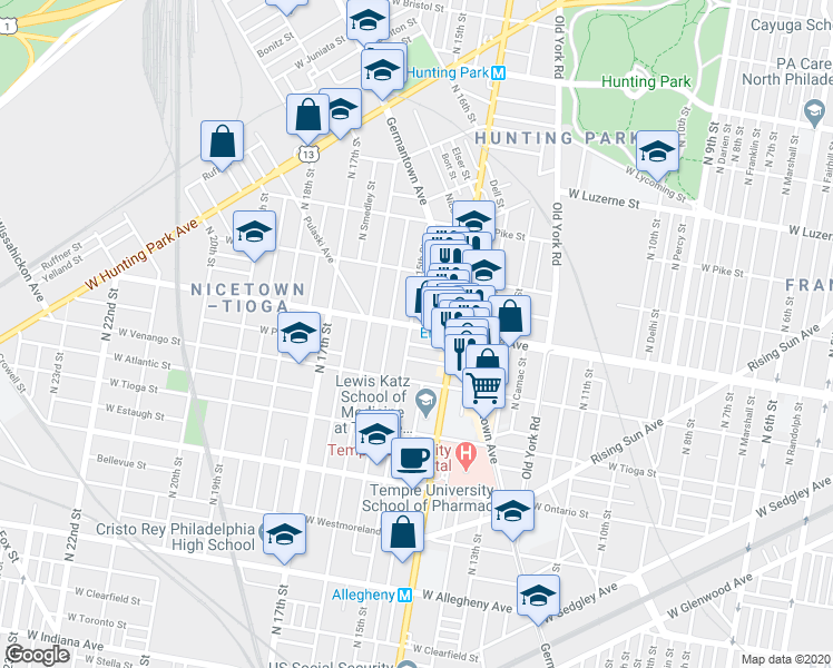 map of restaurants, bars, coffee shops, grocery stores, and more near 3653 North 15th Street in Philadelphia