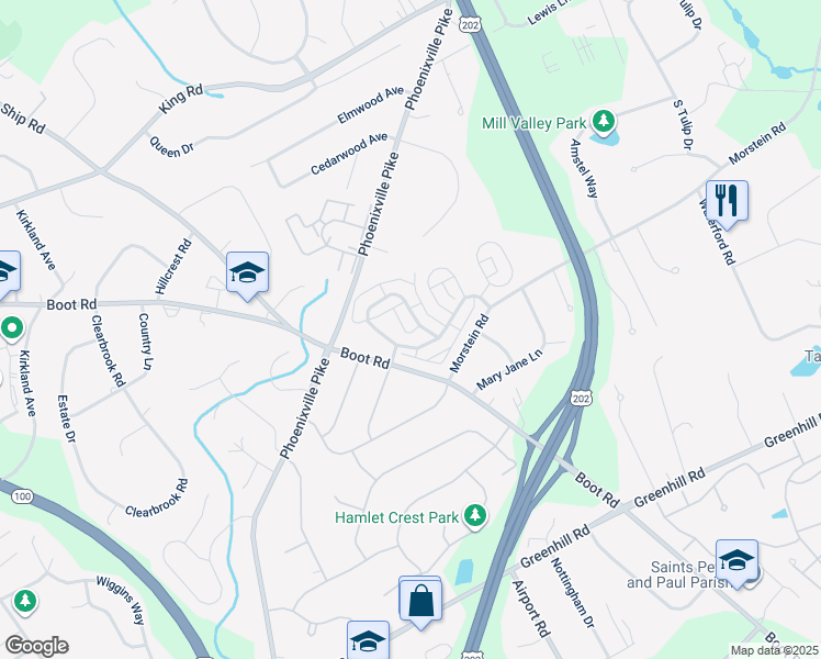 map of restaurants, bars, coffee shops, grocery stores, and more near 199 Longford Drive in West Chester
