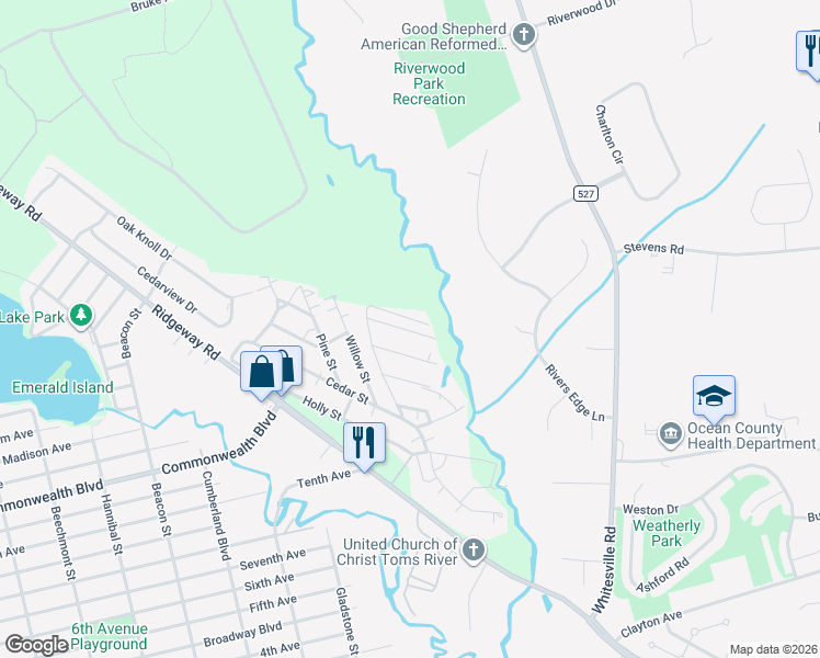map of restaurants, bars, coffee shops, grocery stores, and more near 10 Cypress Street in Toms River