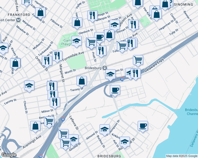 map of restaurants, bars, coffee shops, grocery stores, and more near 5044 James Street in Philadelphia