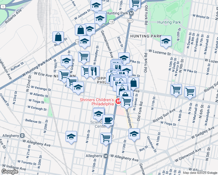 map of restaurants, bars, coffee shops, grocery stores, and more near 3653 North 15th Street in Philadelphia