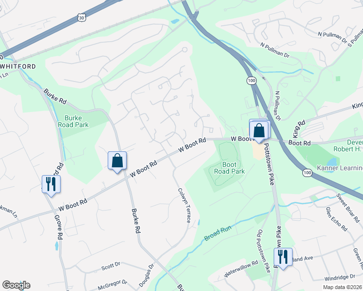 map of restaurants, bars, coffee shops, grocery stores, and more near 1402 Merion Terrace in West Chester