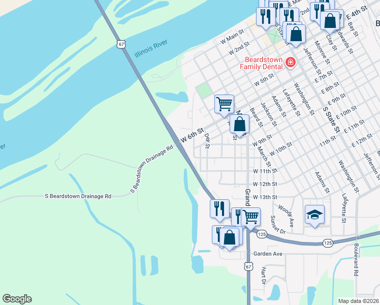 map of restaurants, bars, coffee shops, grocery stores, and more near Highway 100 in Beardstown