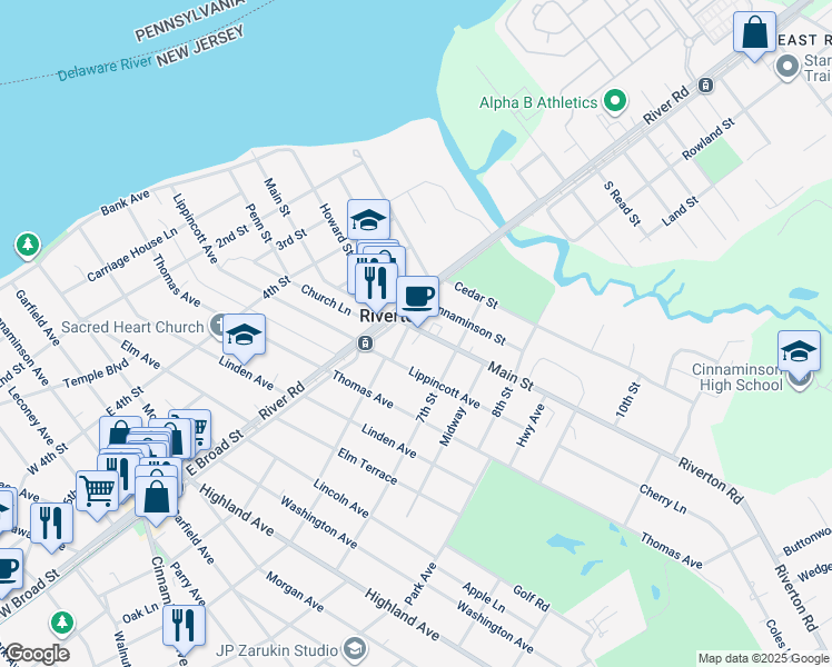 map of restaurants, bars, coffee shops, grocery stores, and more near 608 Main Street in Riverton