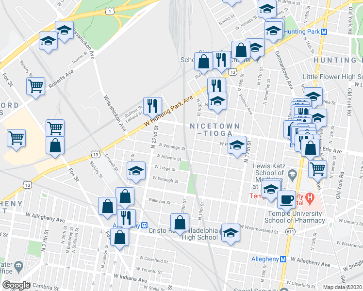 map of restaurants, bars, coffee shops, grocery stores, and more near 2025 West Venango Street in Philadelphia