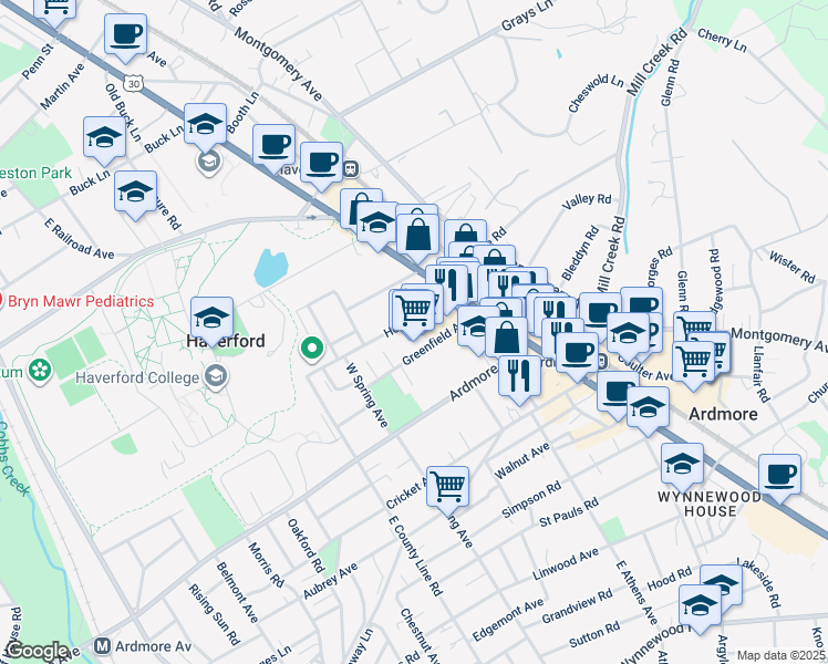 map of restaurants, bars, coffee shops, grocery stores, and more near 33 Holland Avenue in Ardmore