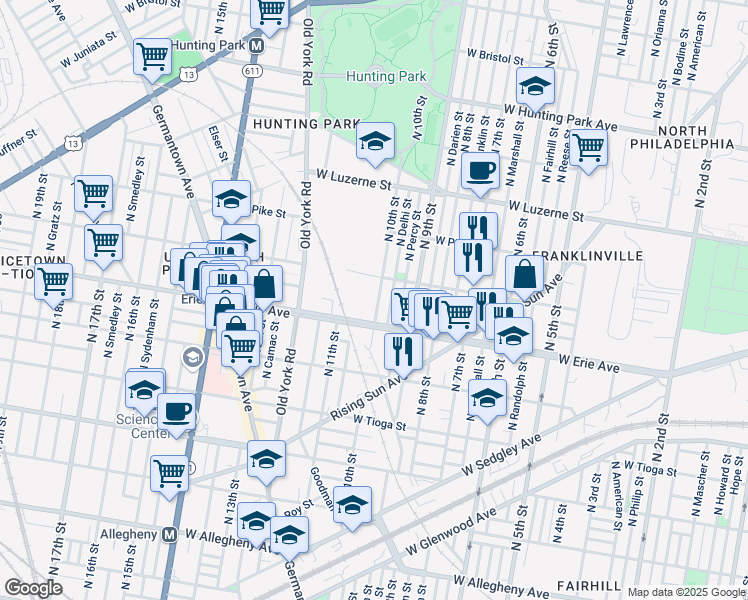 map of restaurants, bars, coffee shops, grocery stores, and more near 3732 North 10th Street in Philadelphia