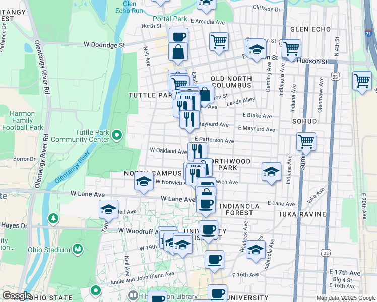 map of restaurants, bars, coffee shops, grocery stores, and more near 2301 North High Street in Columbus