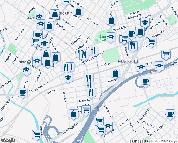 map of restaurants, bars, coffee shops, grocery stores, and more near 2127 Orthodox Street in Philadelphia