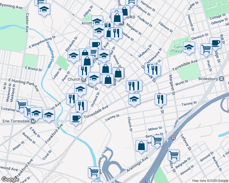 map of restaurants, bars, coffee shops, grocery stores, and more near 1906 Church Street in Philadelphia